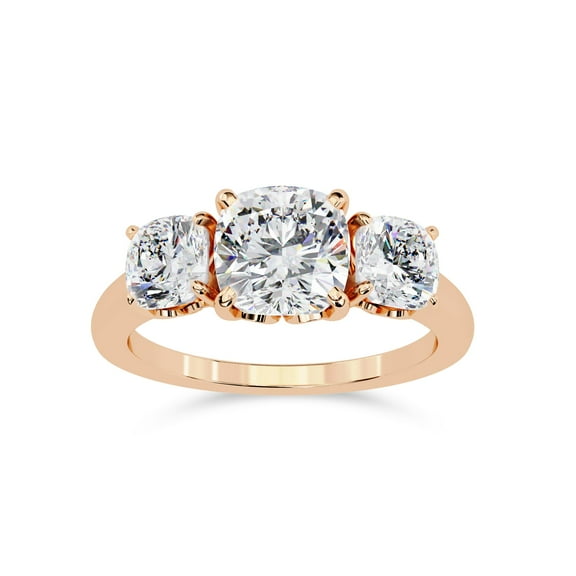 AFFY 3 Stone Engagement Rings for Women Center 7.5mm Cushion Cut Lab Created Moissanite Wedding Anniversary Ring in 10K Solid Rose Gold Size-10
