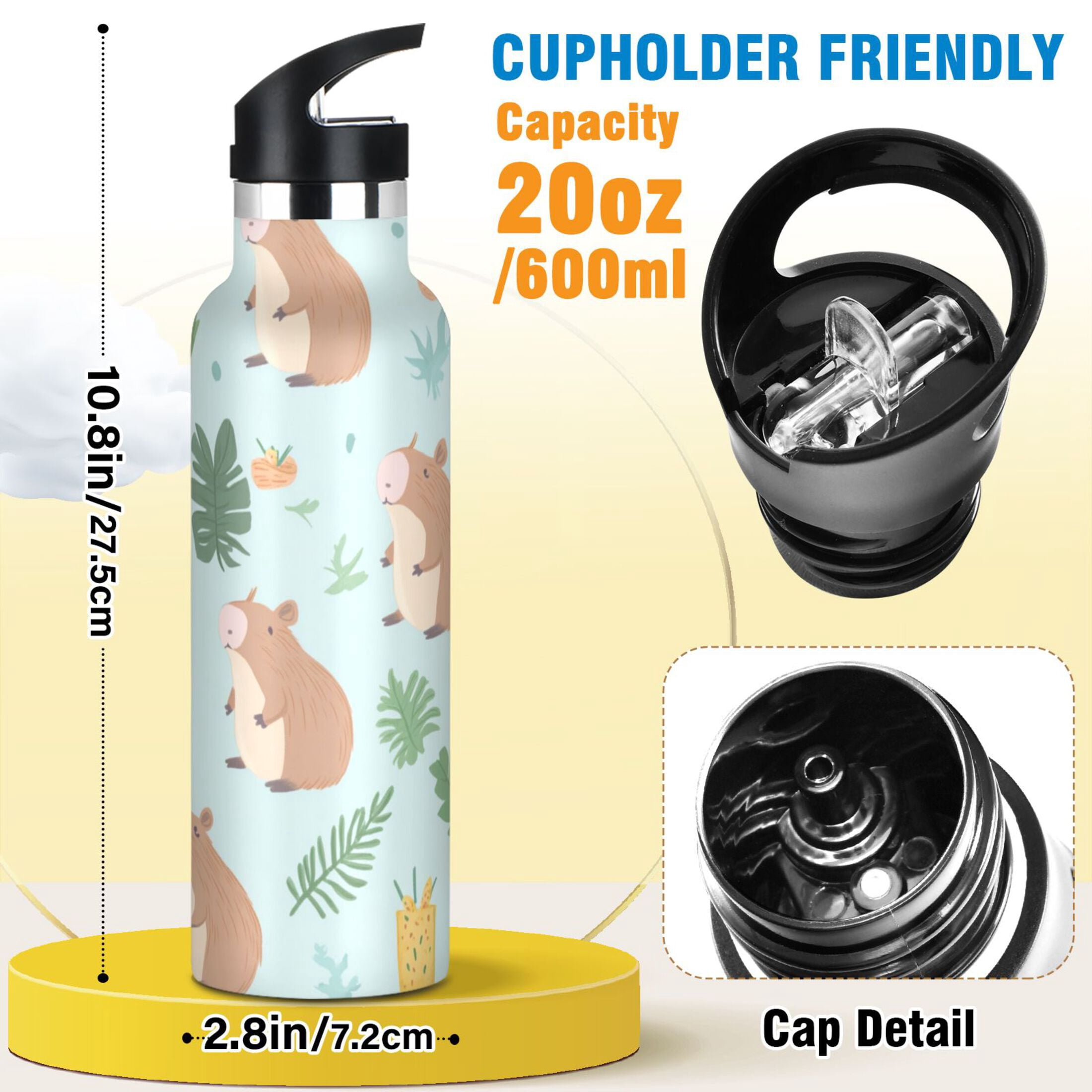 Kids Insulated Stainless Steel Sports Water Bottle 600ml (20oz) Capybaras in Playful Poses