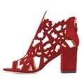 thumbnail image 2 of YDN Women Unique Peep Toe Chunky Mid High Heels Ankle Boots Cutout Design Back Zippers Booties Casual Dress Party Daily Shoes Size 7 Red, 2 of 4