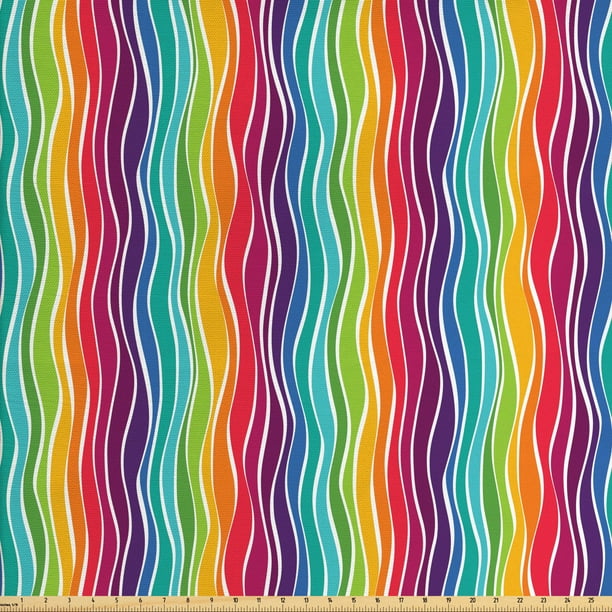 Rainbow Fabric by The Yard, Colorful Swirls Vertical Waves Rhythmic