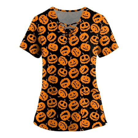 

Sksloeg Sksloeg Women Scrubs Tops Plus Size Halloween Skeleton Pumpkin Skull Graphic Print Scrub Nurse Top Shirts Short Sleeve Working Tops Workwear Comfy Shirt Blouses Clothing Navy 2XL