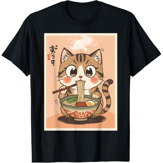 Kawaii Cat Eating Ramen Anime Merch Anime Gifts Camiseta