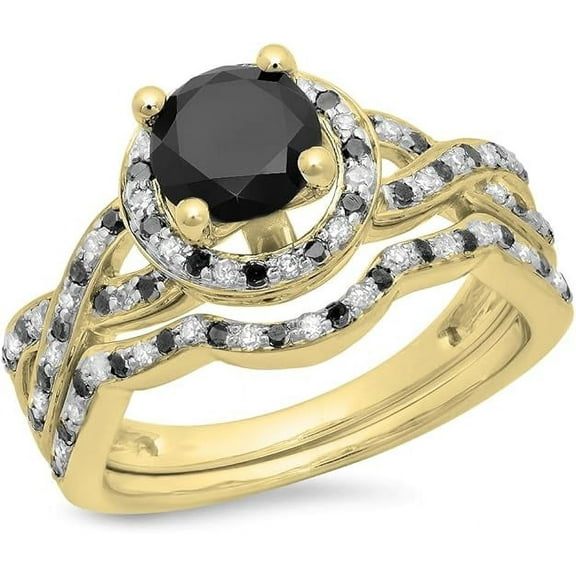 NYS Jewellrs 14K Yellow Gold Plated 2.35 Ct Round Cut Black Diamond Wedding Engagement Bridal Ring Set For Women's 925 Sterling Silver -7.5