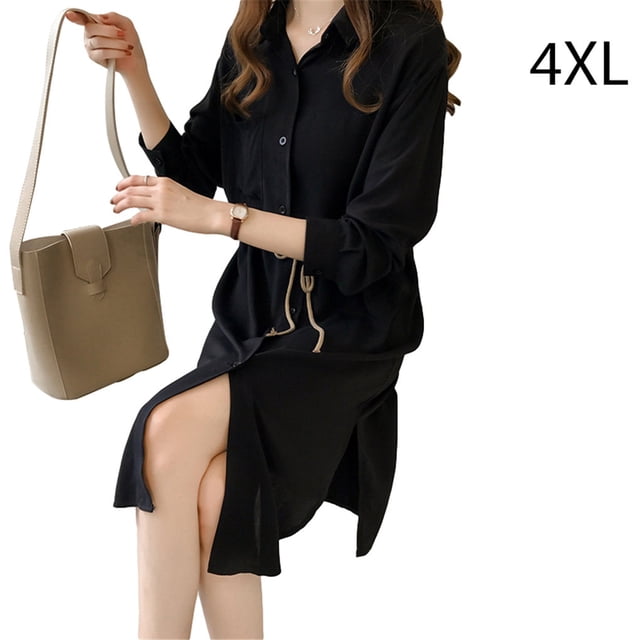 Vestido camisero Vestido midi de gasa transpirable con bolsillo informal de manga larga, Negro, 4XL Speravity AP001472-18B