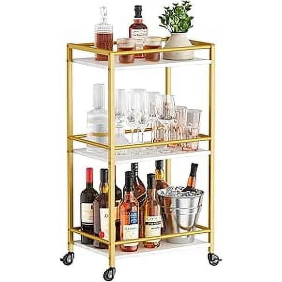 Bar Cart for The Home, 3 Tier Small Rolling Wine Cart, Drink Serving Cart with Lockable Wheels, Mini Liquor Utility Cart for Kitchen Dining Living Room, 17" x 11.8" x 32.1", Gold