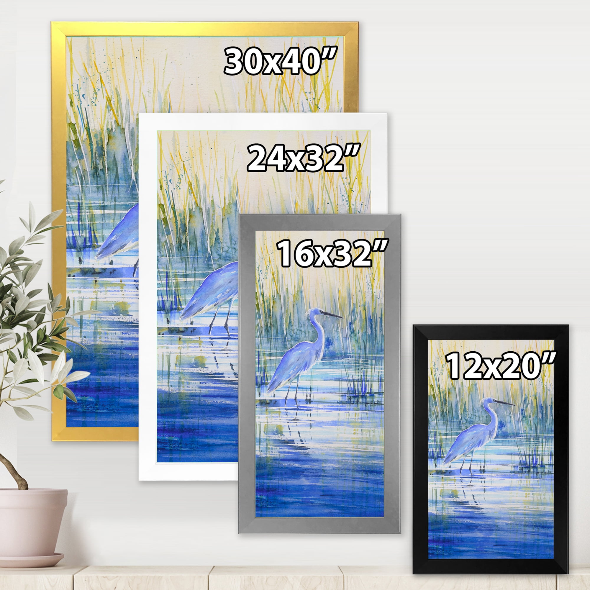 Designart 'Blue Heron On The Lake Shore' Traditional Framed Art Print