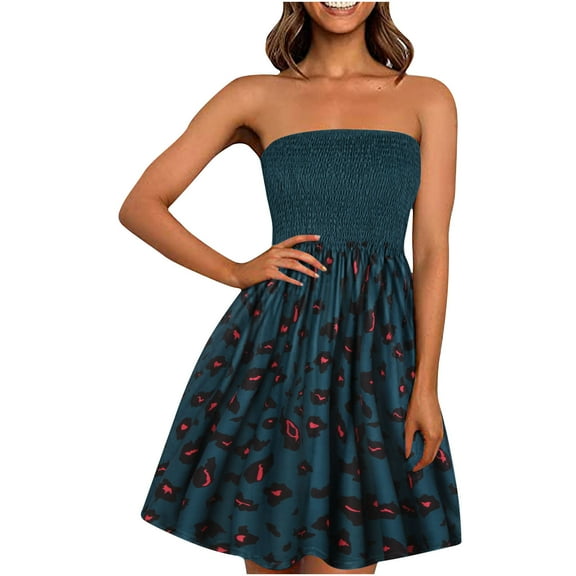 IROINNID Off-The-Shoulder Dress For Women Sleeveless Bohemian Style Strapless Elastic Band Dresses Floral Knee-Length Prints Empire Dress