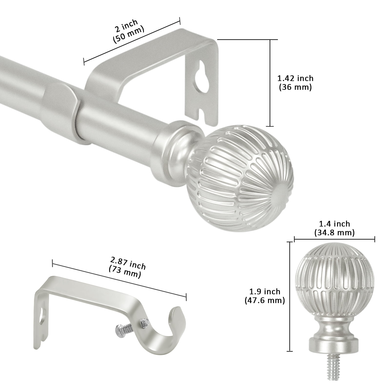 Urbanest 5/8" Single Telescoping Curtain Rod with Volle Finials, Pewter, 28"-48"