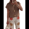 thumbnail image 3 of Suéter de Corta para Mujer, Cuello Redondo, Cárdigan de Punto de Crochet Calado, Camisas Casuales de Verano con Botones. Marrón S, 3 of 7