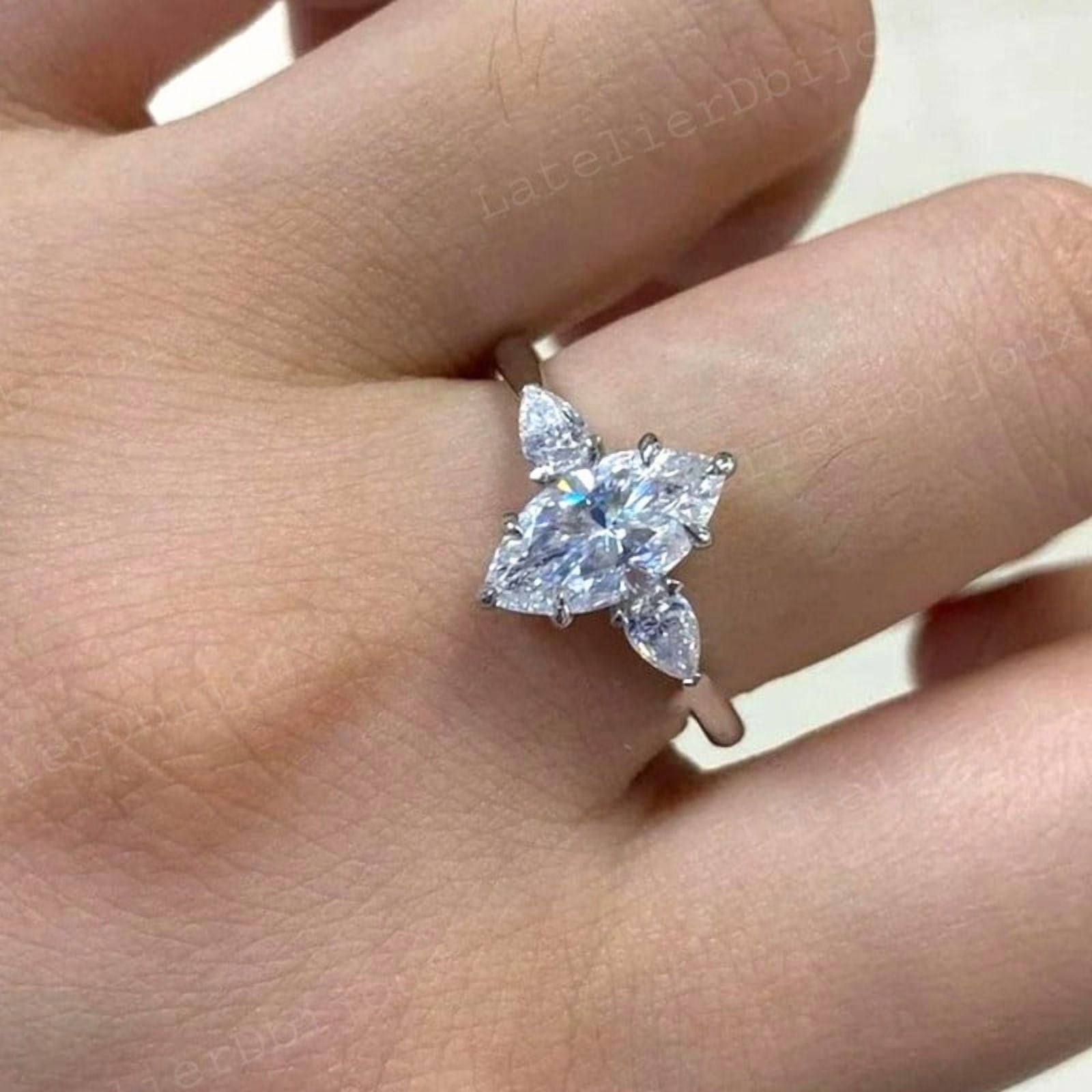 LATELIERDBIJOUX 2CT Marquise Moissanite 3 Stone Engagement Ring For Women, Sterling Silver Ring