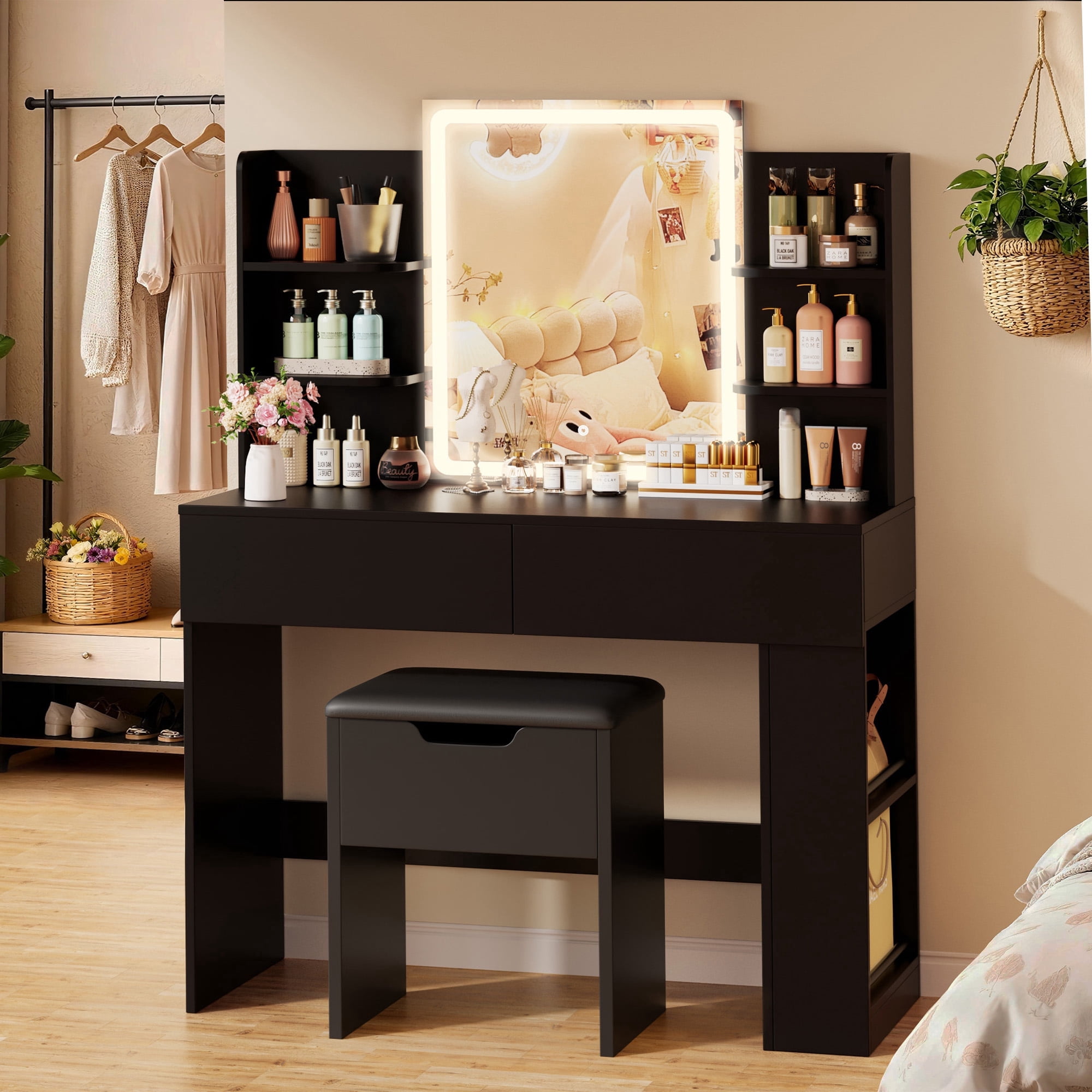 Homall Vanity Desk Set with 3 Colors LED Lighted Mirror, Makeup Vanity with Stool, Storage Shelves and Drawers, Vanity Table Dressing Table for Bedroom, Black