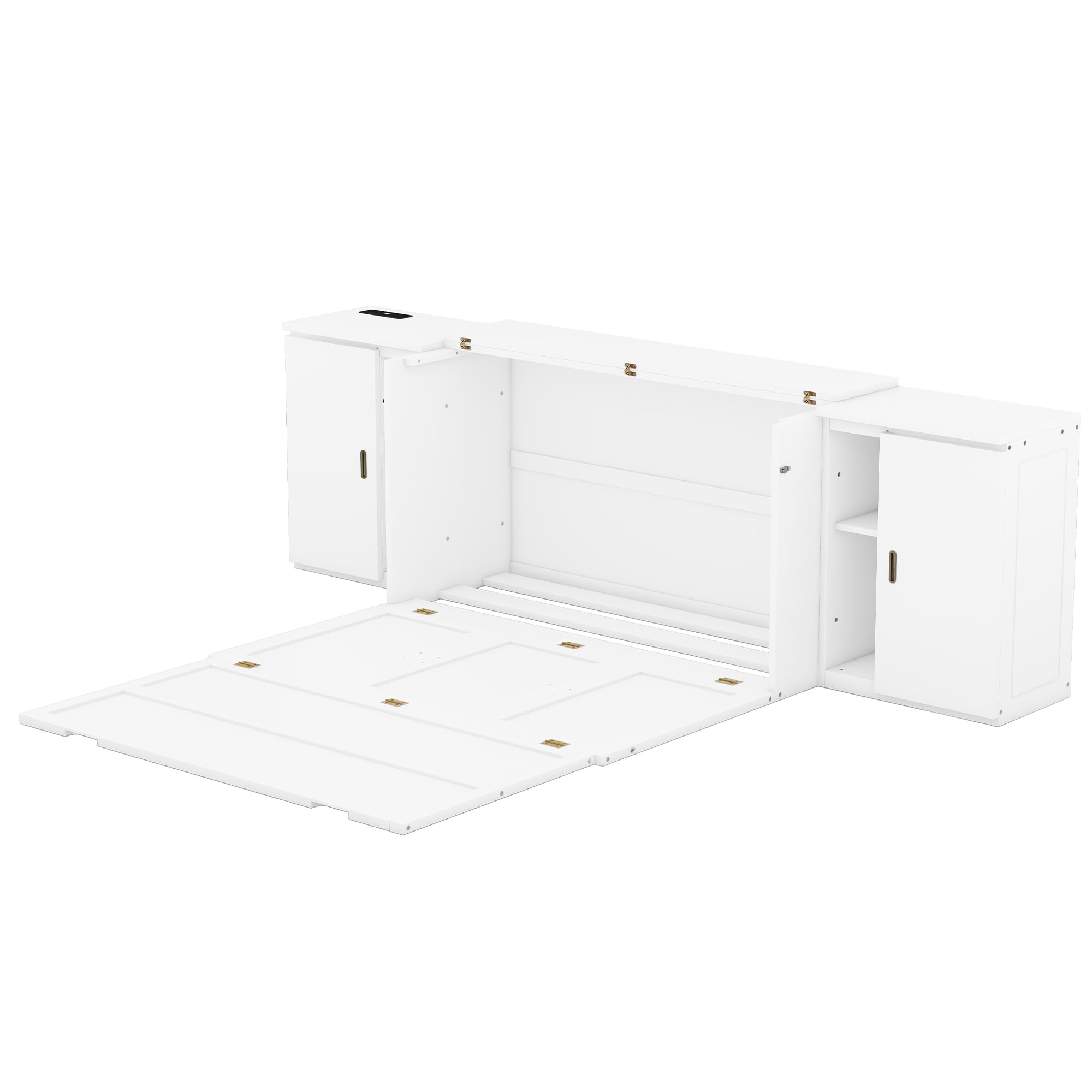 Euroco Wood Queen Size Murphy Bed with USB Charging Station, Convertible Floor Bed with Shelves for Kids Adult, White