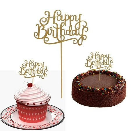 10 Gold Glittery Happy Birthday Cake Toppers Sparkling Gold