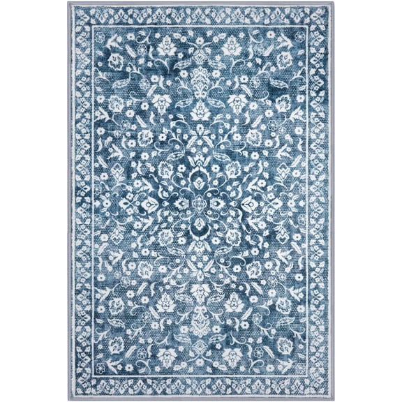 Blue floral rug 2x3, vintage washable entryway carpet, non slip small area rug for kitchen, bedroom, front door, soft faux wool mat, blue