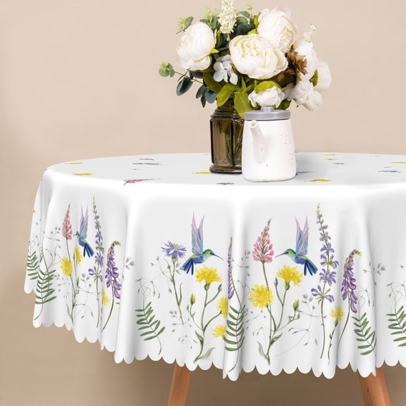 Nanqianyi Yellow Flowers & Hummingbird Round Tablecloth 60 inch, Indoor Kitchen, Outdoor Picnic Garden Party Decor Table Cloth