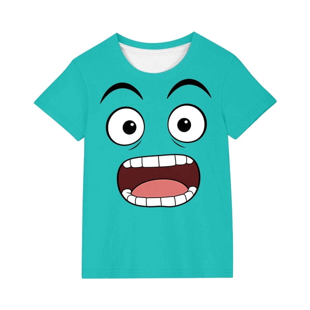 Tops de Manga Corta Lindo con Impresión de Expresión para Niños Niños Niñas, Suelta Cómoda Camiseta de Color Sólido