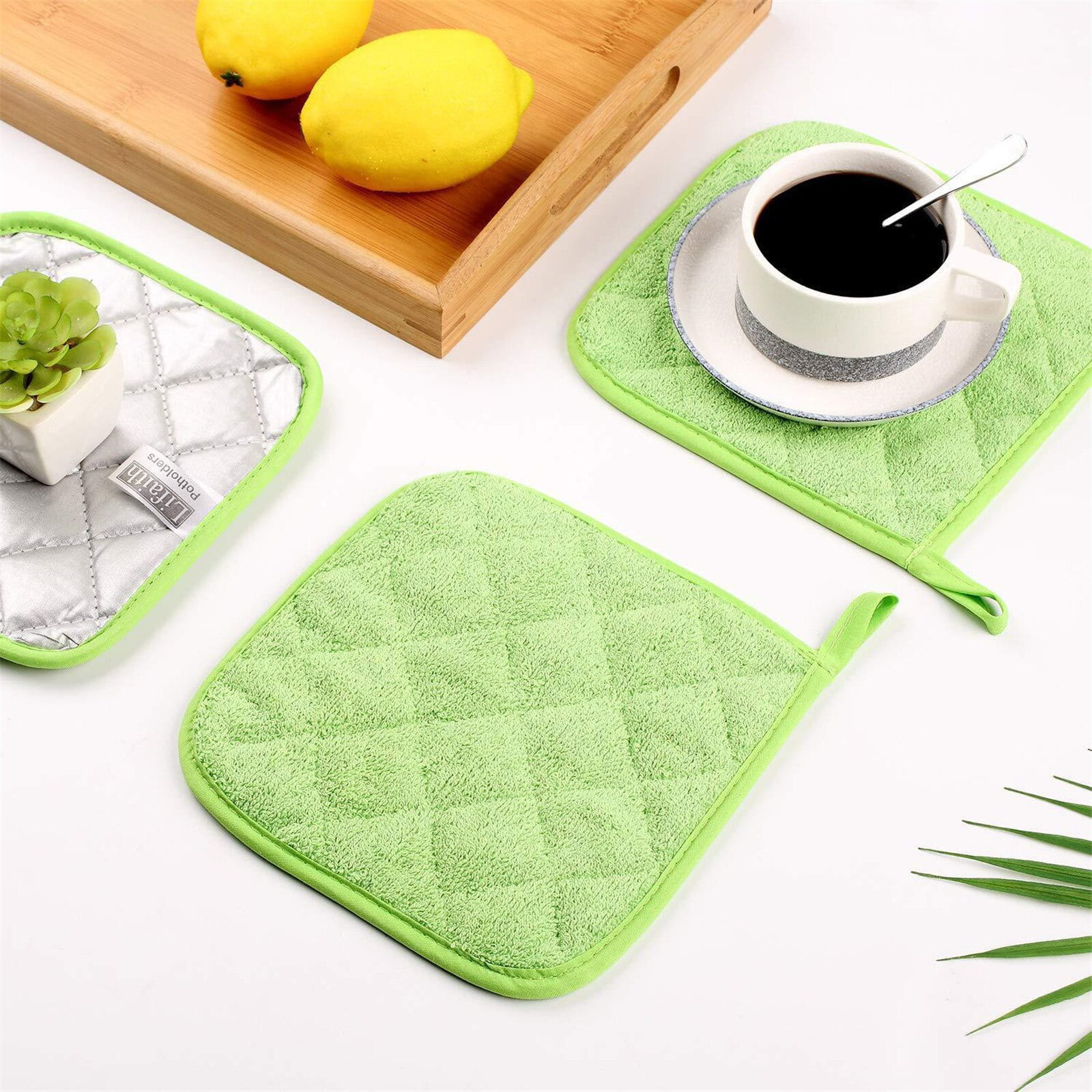 Lifaith 100% Cotton with Silicone Kitchen Everyday Basic Pot Holder Heat  Resistant Coaster Potholder Oven Mitts with Pocket for Cooking and Baking  Set