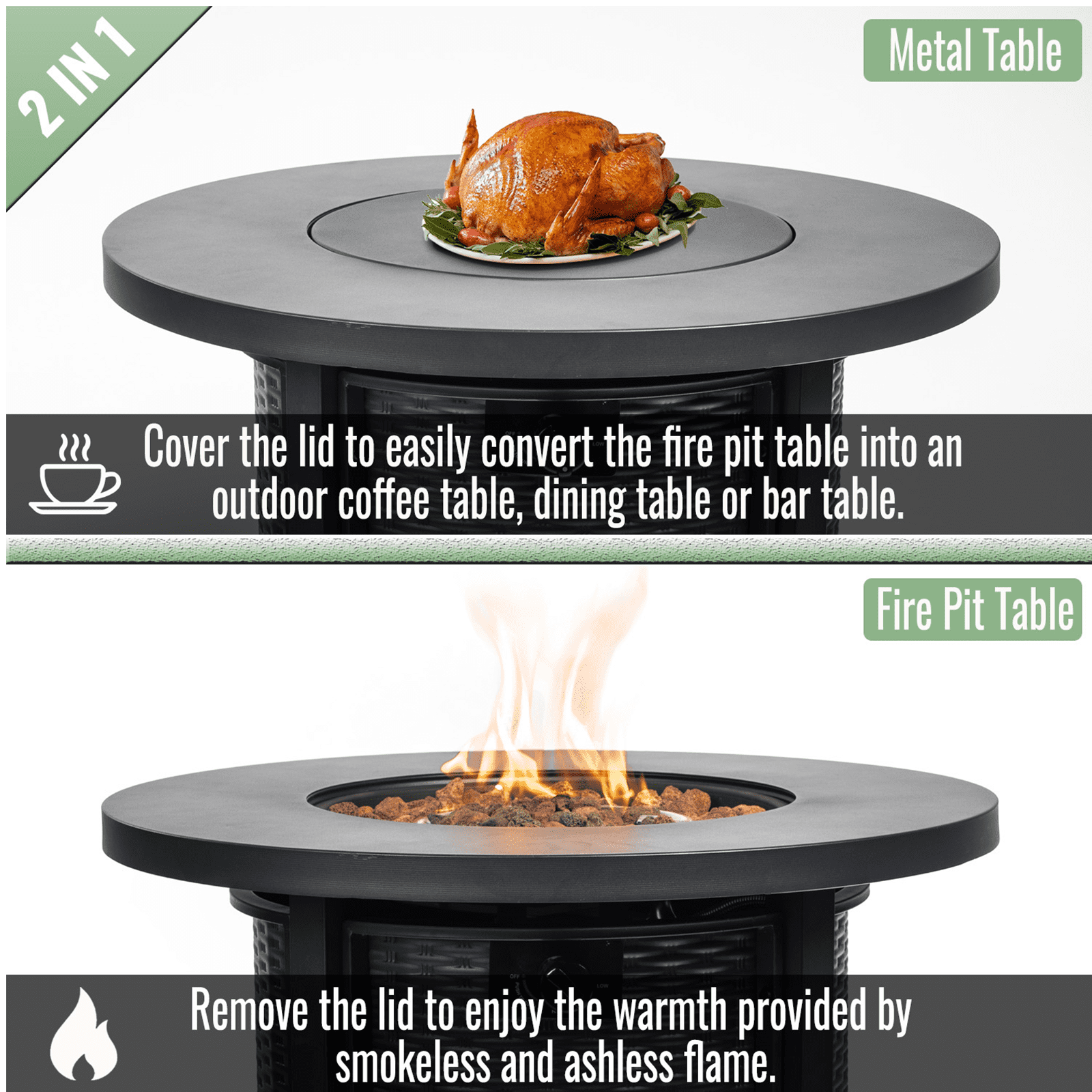 HONEY HOME 32" Round Propane Fire Pit Table, 50,000 BTU Steel Gas Fire Pit for Outdoor, Fire Table with Lid for Patio Deck Garden Backyard, Black.