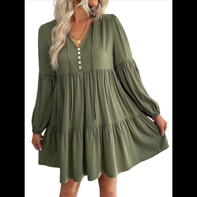 Vestidos Cortos de Larga para Mujer, Cuello en V, Informales, Holgados, con Vuelo, con , Estilo Bohemio para Vacaciones, para Otoño Verde M