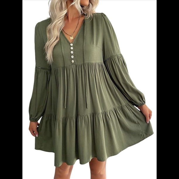 Vestidos Cortos de Larga para Mujer, Cuello en V, Informales, Holgados, con Vuelo, con , Estilo Bohemio para Vacaciones, para Otoño Verde L