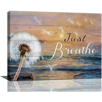 Farmhouse Dandelion Ocean Decor Wall Art Rustic Country Dandelion Sea Coastal Just Breathe Pictures Wall Decor Canvas Painting Prints Artwork Decorations Framed for Bathroom Bedroom Kitchen 16"x12"