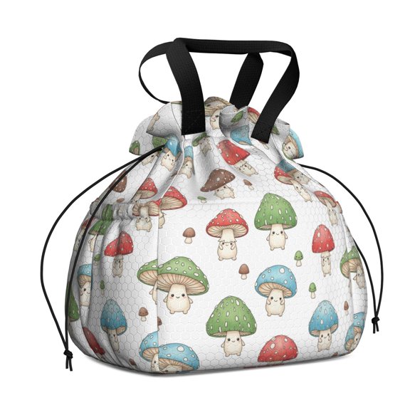 Mushroom and Character White Pattern Drawstring Insulated Lunch Bag for Women, Stain-Resistant Large Lunch Tote with Multi-Pockets for Work Office