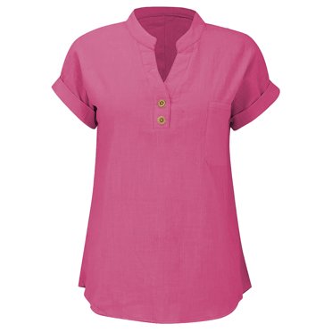 Women's Cotton Linen Button Down Shirt - V Neck Short Sleeve Casual Blouse For Summer, Work, Or Beach