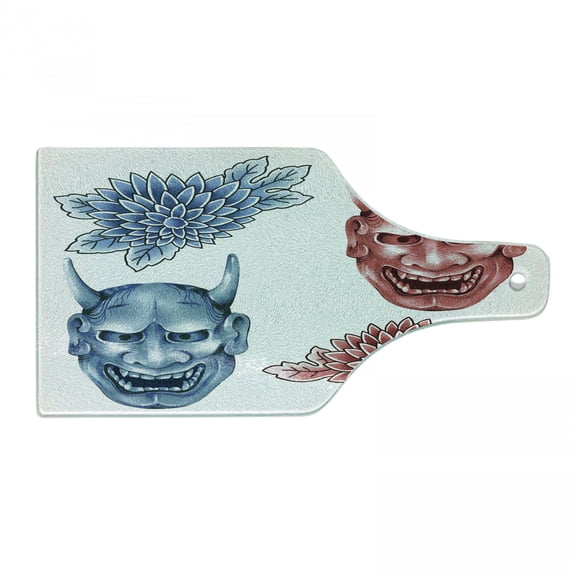 Kabuki Cutting Board, Different Coloreds of Japanese Demoness Ornate Flowers Art, Decorative Tempered Glass Cutting and Serving Board, Wine Bottle Shape, Blue Red White, by Ambesonne
