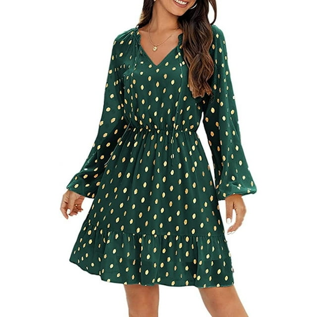 PENGXIANG Robes d'Invité de Mariage pour Femmes Automne Manches Longues à Volants Taille Haute Col en V à Nouer à Pois Robe Mini Évasée