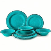 12 Piece Melamine Dinnerware Set Farmhouse Outdoor Dishes Set for 4 A Light Weight and Unbreakable Rustic Plate Bowl Set for Patio RV and Camping