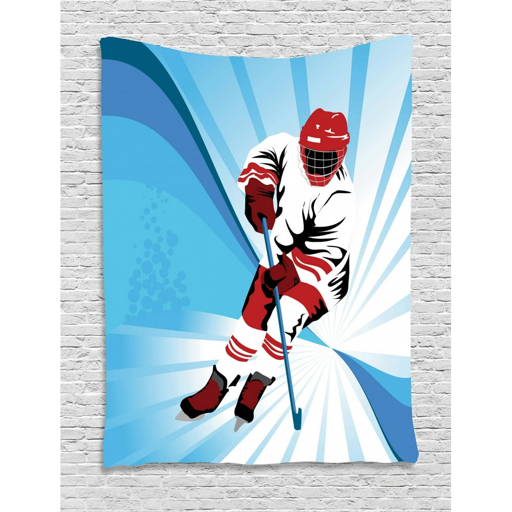 Hockey Tapestry, Hockey Player Makes a Strong Shot on Goal Rival Illustration Abstract Backdrop