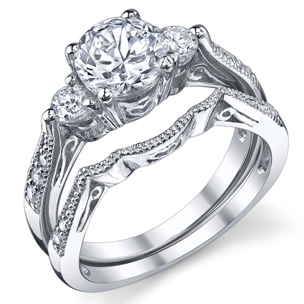Women's Sterling Silver Wedding Engagement Ring Set Cubic Zirconia Sz 8