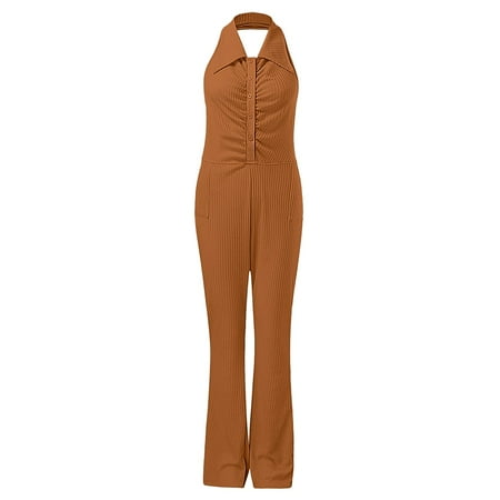 

Aayomet Jumpsuits For Women Casual Women s Solid Turndown Collar Backless Zipper Long Jumpsuit Romper Strapless Street Wear Brown L