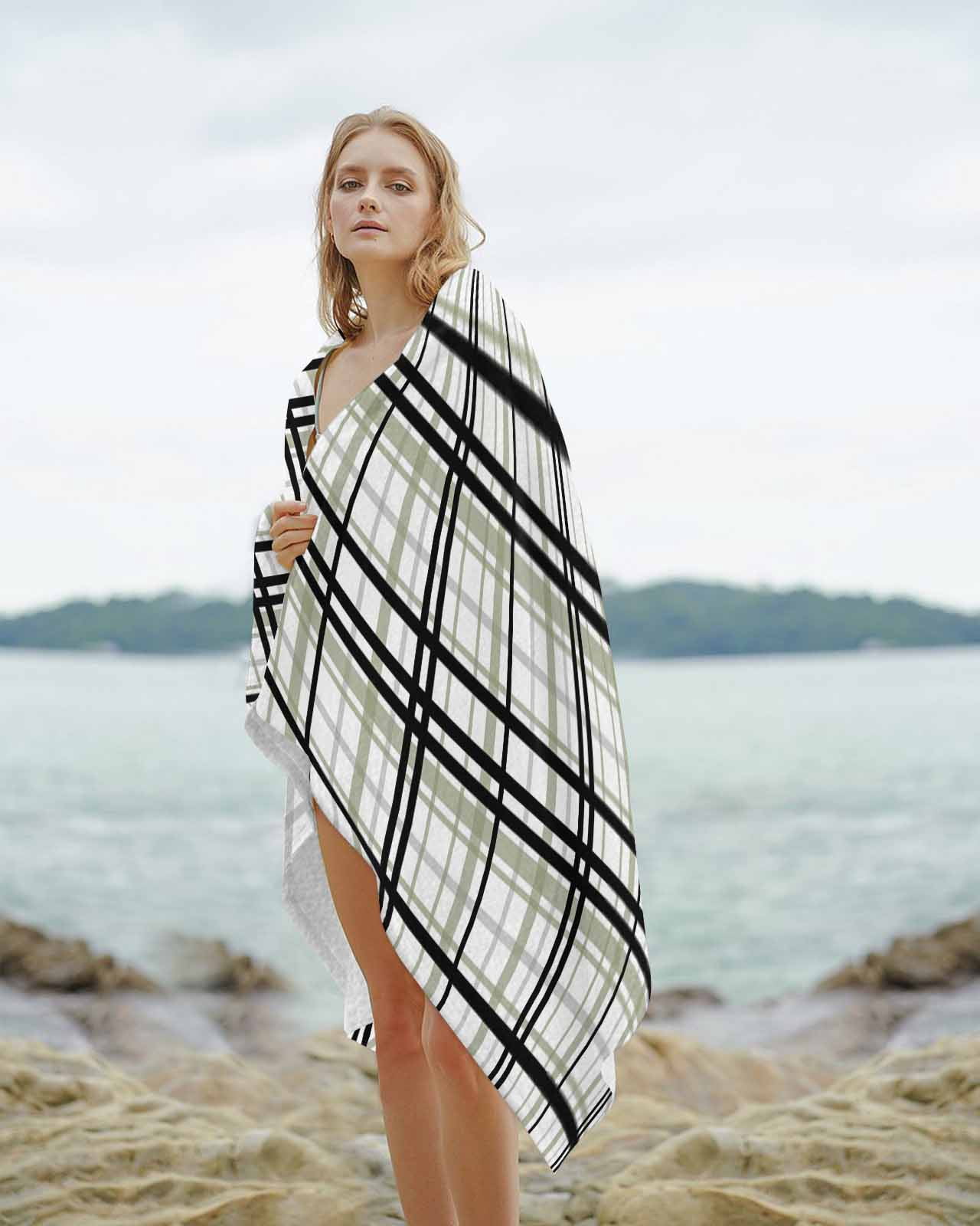 Sage Green Black Plaid Beach Towels Oversized Super Absorbent, Farmhouse Green Black Checkered Lightweight Bath Towel Quick Dry Sets For Bathroom/Pool/Rv Camping/Beach Play/Gym Room/Picnic 23"x47"