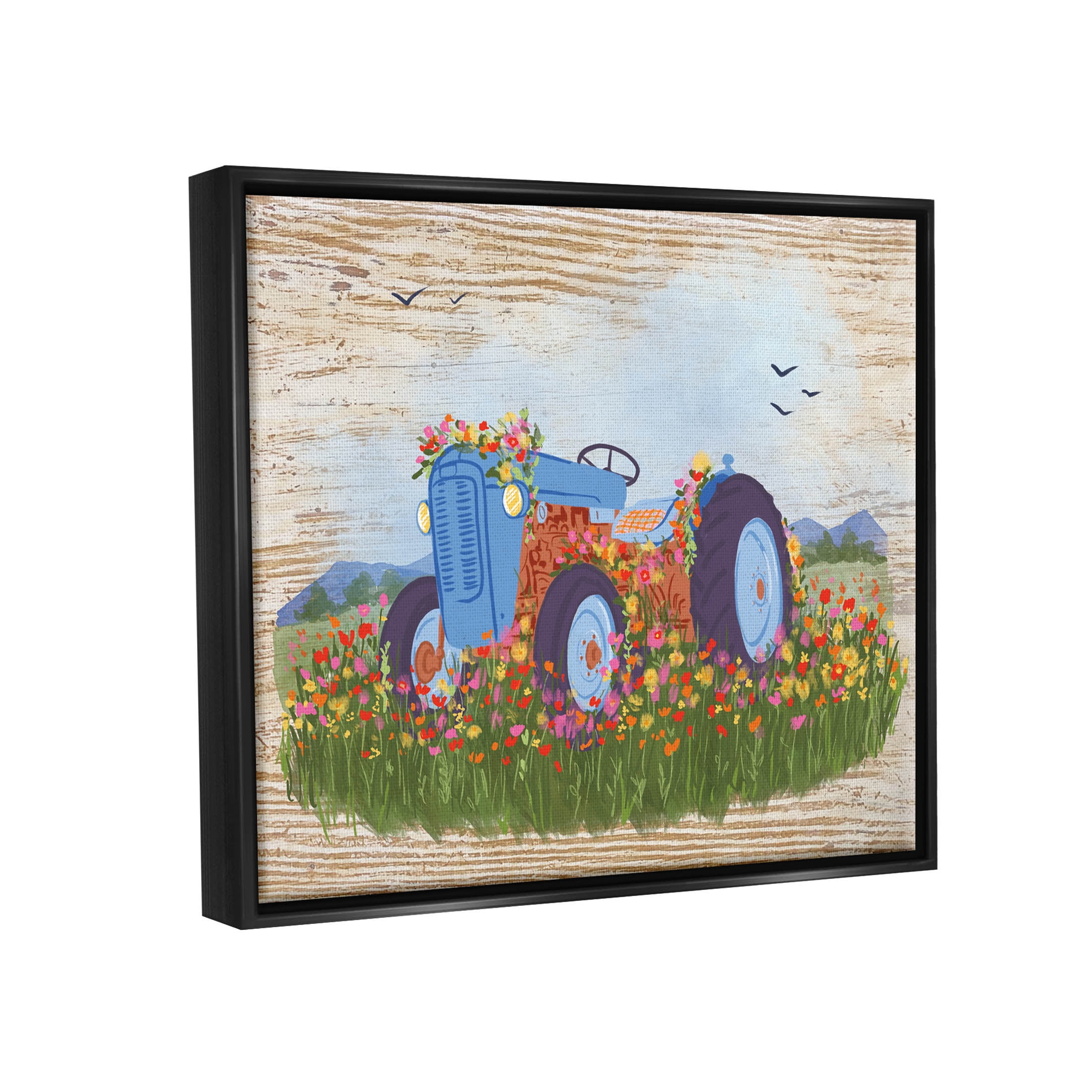 Farmhouse Tractor Floral Blooms Transportation Graphic Art Jet Black Framed Art Print Wall Art