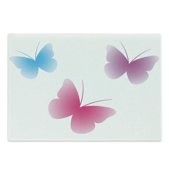 Animal Cutting Board, Butterfly Silhouettes Different Colors Wings Life Themed Image, Decorative Tempered Glass Cutting and Serving Board, Large Size, Dried Rose Pink and Blue, by Ambesonne