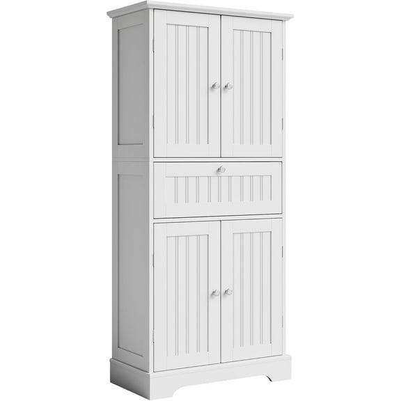 LL 51" H Tall Bathroom Floor Cabinet, Modern Bathroom Storage Cabinet with Drawer and Adjustable Shelves, Freestanding Kitchen Pantry Cupboard with 4 Doors for Living Room, White