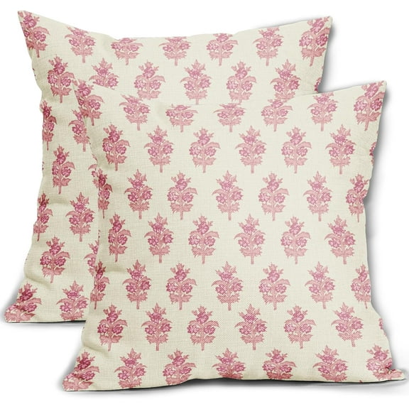 Pink Floral Block Print Pillow Covers 18x18 Set of 2 Spring Flower Pattern Decorative Throw Pillowcases Outdoor Rustic Farmhouse Square Cushion Cases Decor for Home Couch Sofa Bed