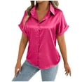 thumbnail image 2 of Hot days, bold styles Olyvenn Satin Silk Button Down Shirts Women's Dress Shirts Collared Roll Up Short Sleeve Blouse Ladies Summer Office Work Tops Hot Pink XXL, 2 of 6