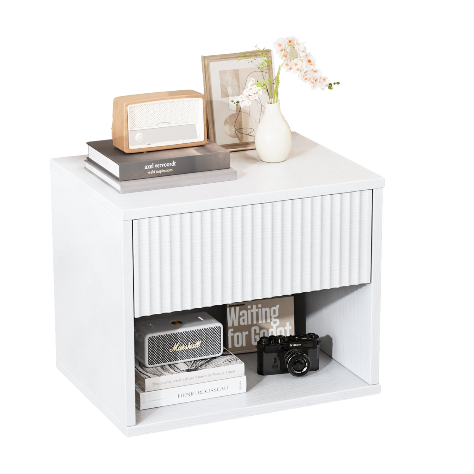 Zimtown Fluted Floating Nightstand Set of 1, End Table Wooden Bedside Table Large Capacity Easy to Assemble, White