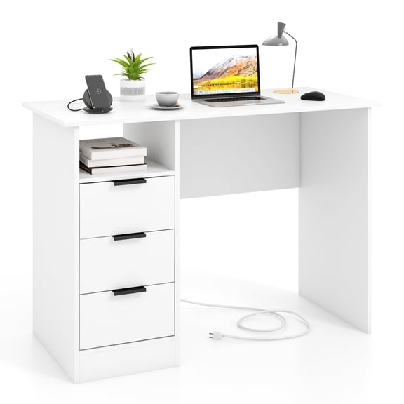 42.5" Home Office Desk with Power Outlet, Computer Desk with 3 Drawers and Open Compartment, White