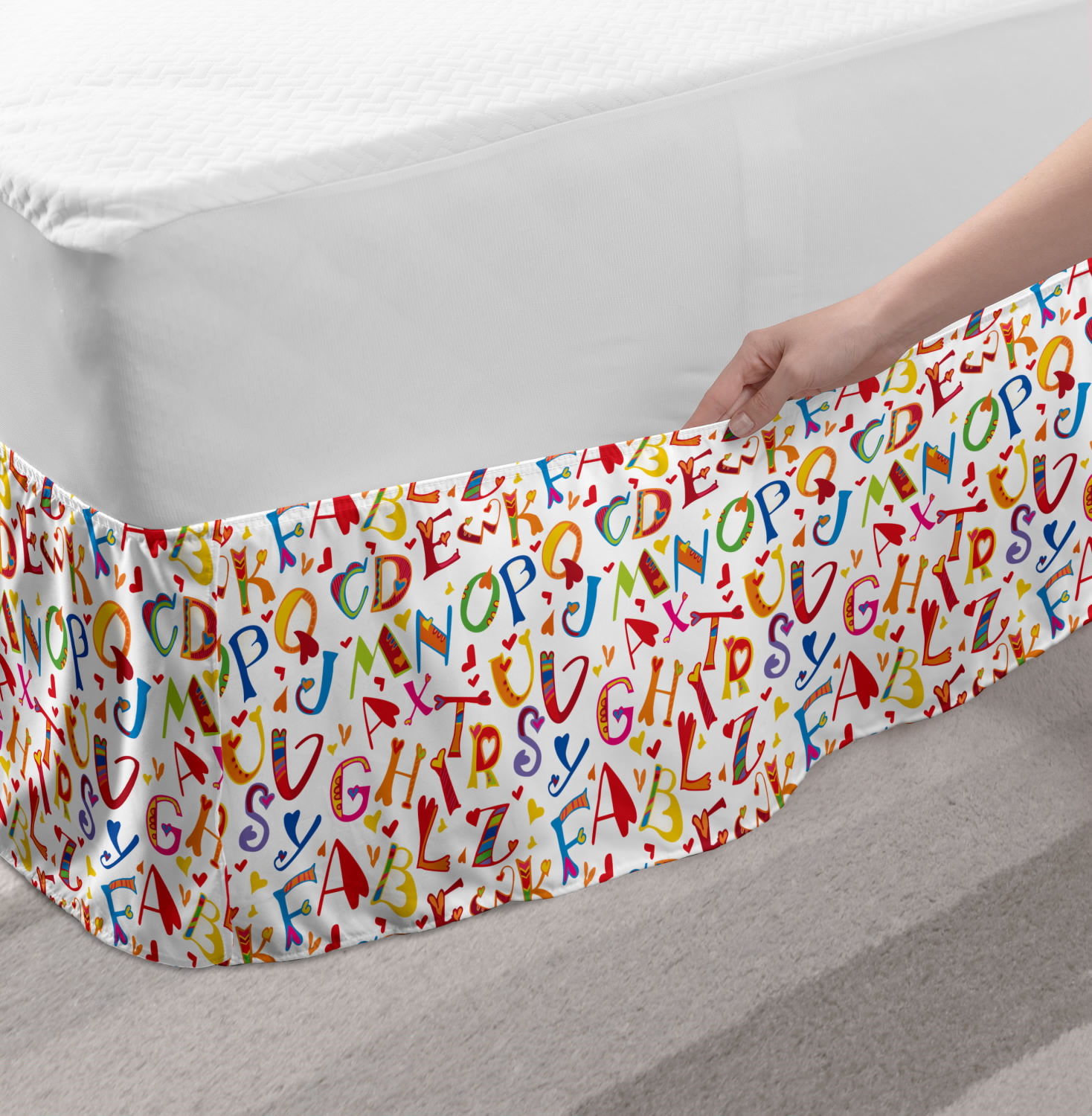 thumbnail image 2 of Alphabet Bed Skirt, Pattern of Funky Vibrant Layout with Whimsical Lettering in Cartoon Style, Elastic Bedskirt Dust Ruffle Wrap Around for Bedding Decor, 4 Sizes, Multicolor, by Ambesonne, 2 of 2