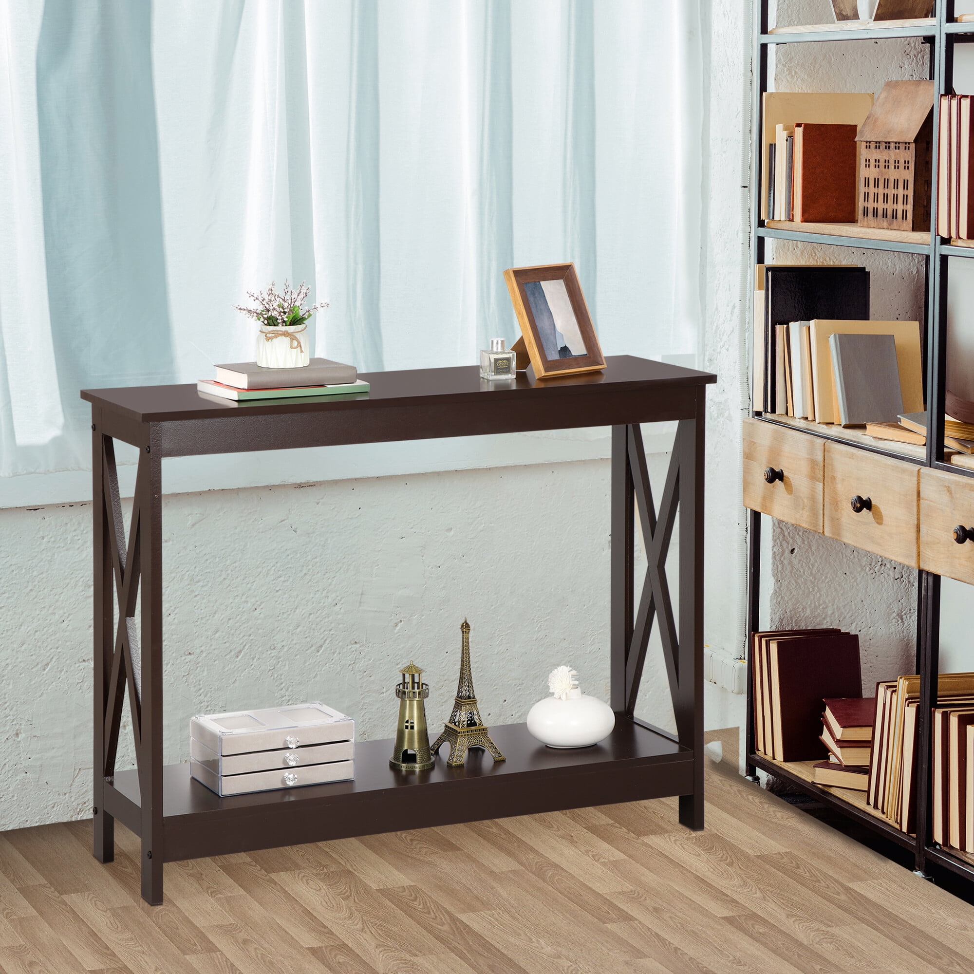 ZENY Home Entryway Wallmount Enhanced Console Table X Shaped MDF Frame, Brown
