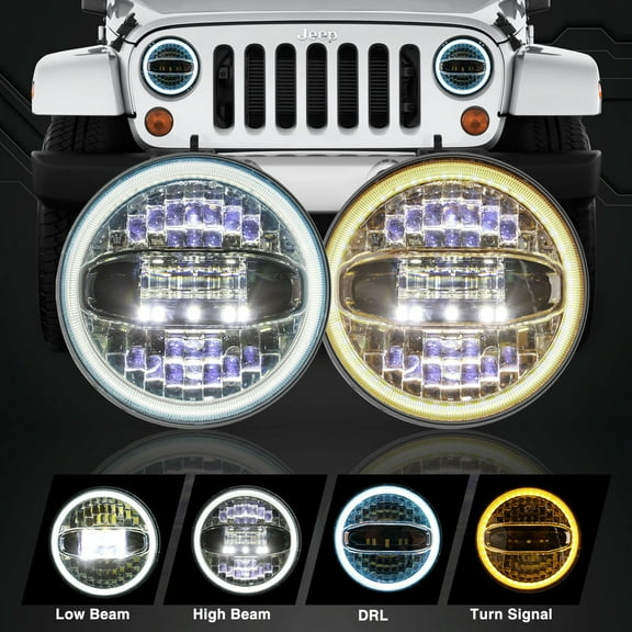 Sunpie 7" 5D LED Headlight with Halo Angel Eye Ring & DRL & Turn Signal Lights for 1976-2018 Jeep Wrangler CJ TJ LJ JK JKU (2Pcs/Set)