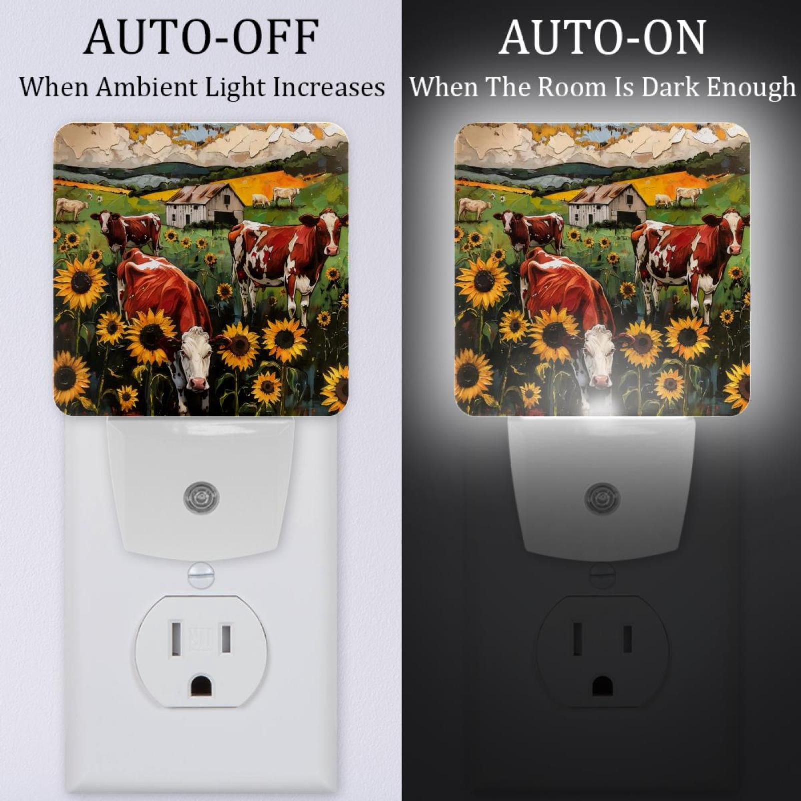 PhooArto Farm Cows Sunflowers Plug in LED Night Light Auto Sensor Dusk to Dawn Decorative Night for Bedroom, Bathroom, Kitchen, Hallway, Stairs, Baby's Room, Energy Saving
