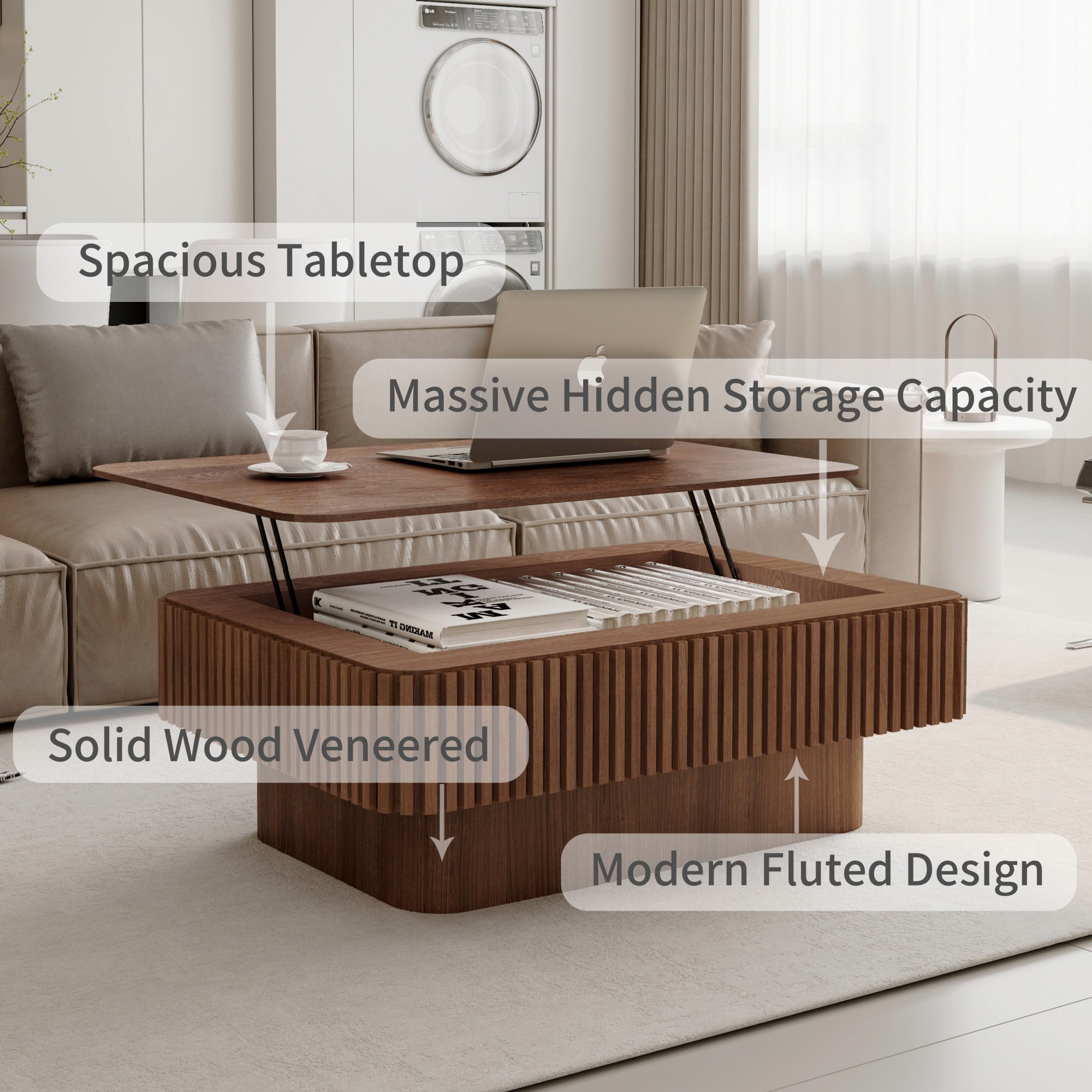 Lift Top Coffee Table with Storage, 38.6" Fluted Coffee Table with Adjustable Height, Modern Wood Veneer Center Table for Living Room, Walnut