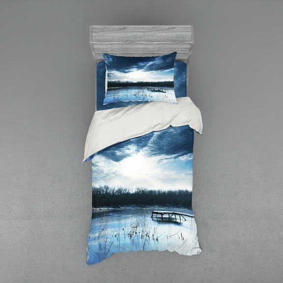Ambesonne Winter Bedding Set 3 Pcs, Blue Mountain Lake Scene, Twin XL, Purple Grey Slate Blue