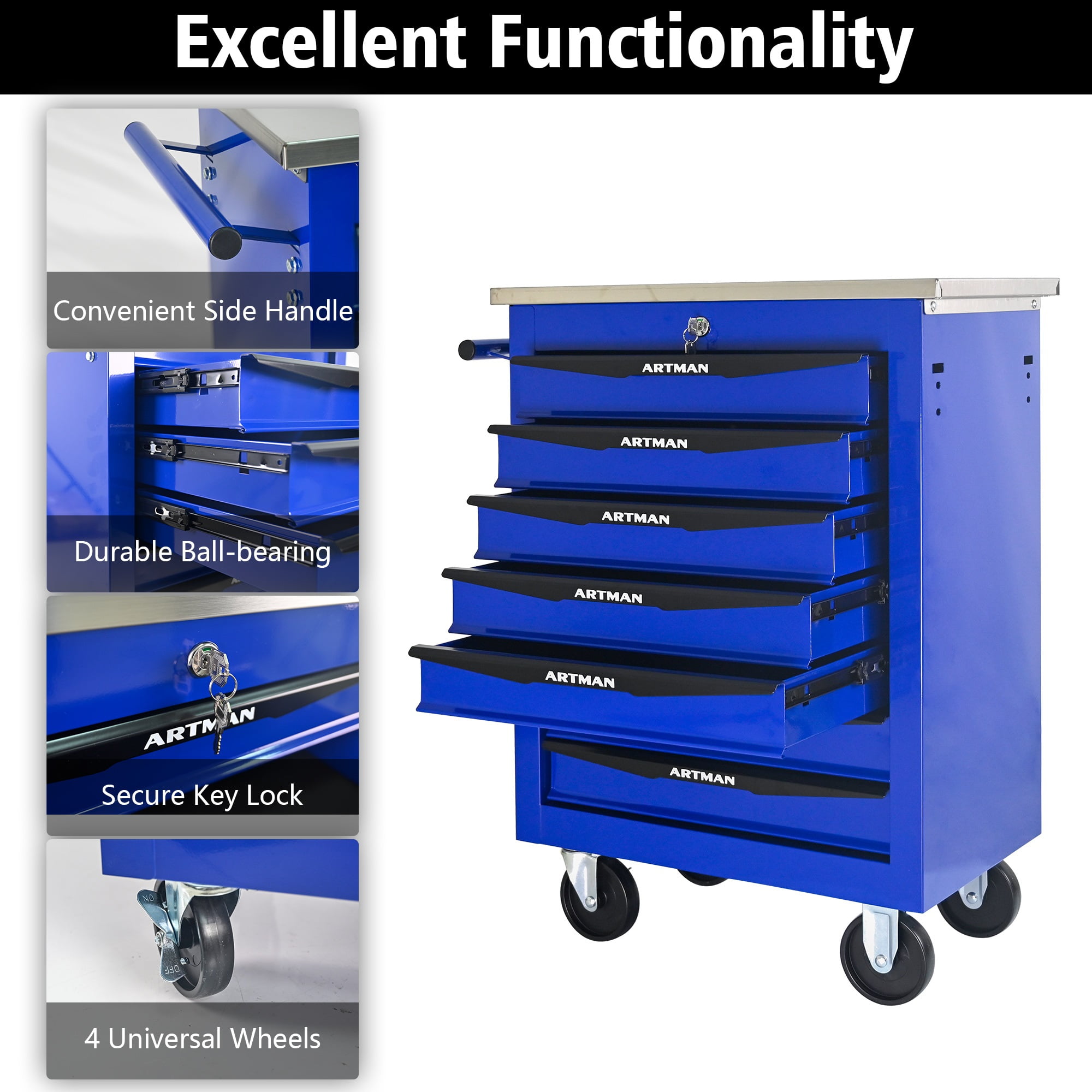 7-Drawer Heavy-Duty Rolling Tool Chest Cart with Wheels & Stainless Steel Roof