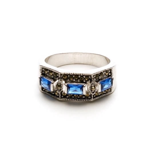 Vintage Style Blue Sapphire CZ and Marcasite Ring - Art Deco Wedding Band Size 10 Jewelry Ring Silver