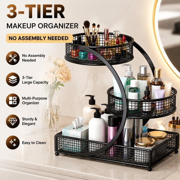 Multi-Tier Dresser Shelf Organizer, No Assembly Needed, Makeup & Skincare Storage for Vanity, Bathroom Countertop Cosmetic Holder with Elegant Black Finish, 12.6"x7.5"x13.8"